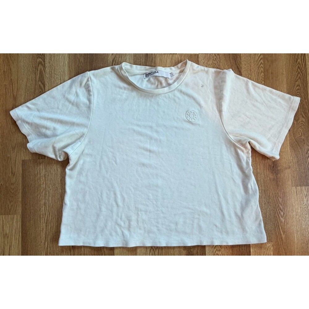 Bimba y Lola Women’s White Logo T-Shirt Size L Short Sleeve Stretch Tee Cream